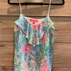 Coral ruffle tank in Blue and Pink